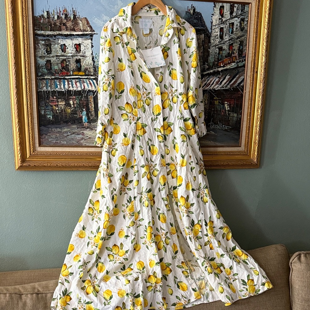Cynthia Rowley White Maxi Dress with Yellow Lemon Print linen